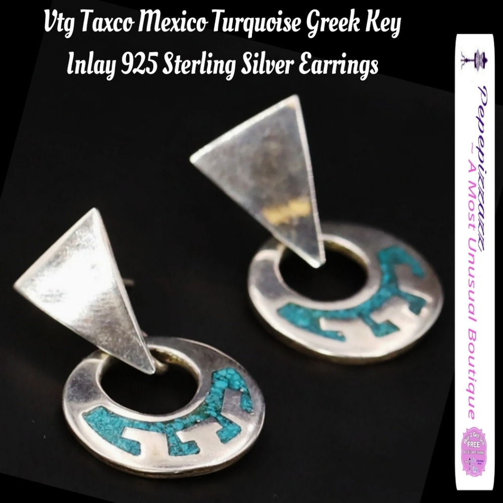 Sale VTG TAXCO MEXICO Turquoise Greek key sterling silver earrings 925 Signed